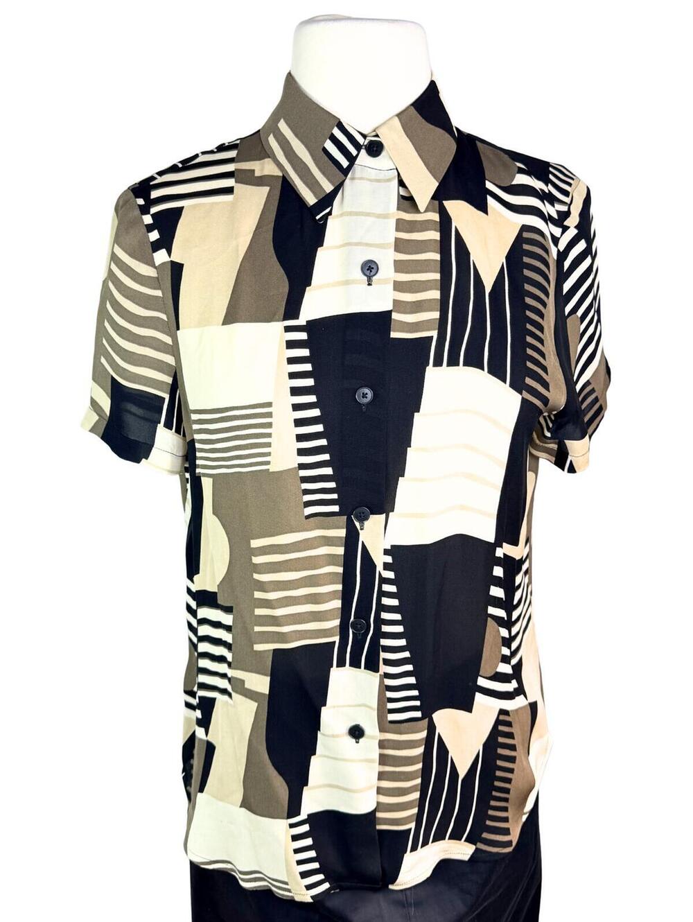 Linda Allard Ellen Tracy 100% Silk Geometric Print Button Up Blouse Size 6